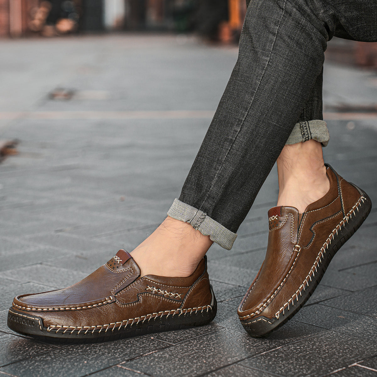 🐂Freizeitschuhe aus Kalbsleder für Herren👞Slip-On-Design, einfach an- und auszuziehen, handgenäht ✅Schmerzlinderung – Fußgewölbeunterstützung, bequemes Gehen