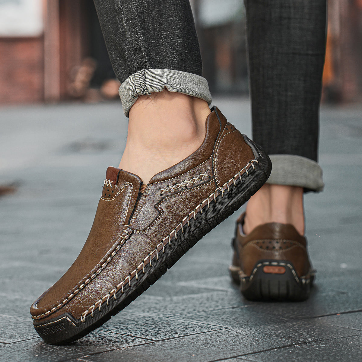 🐂Freizeitschuhe aus Kalbsleder für Herren👞Slip-On-Design, einfach an- und auszuziehen, handgenäht ✅Schmerzlinderung – Fußgewölbeunterstützung, bequemes Gehen