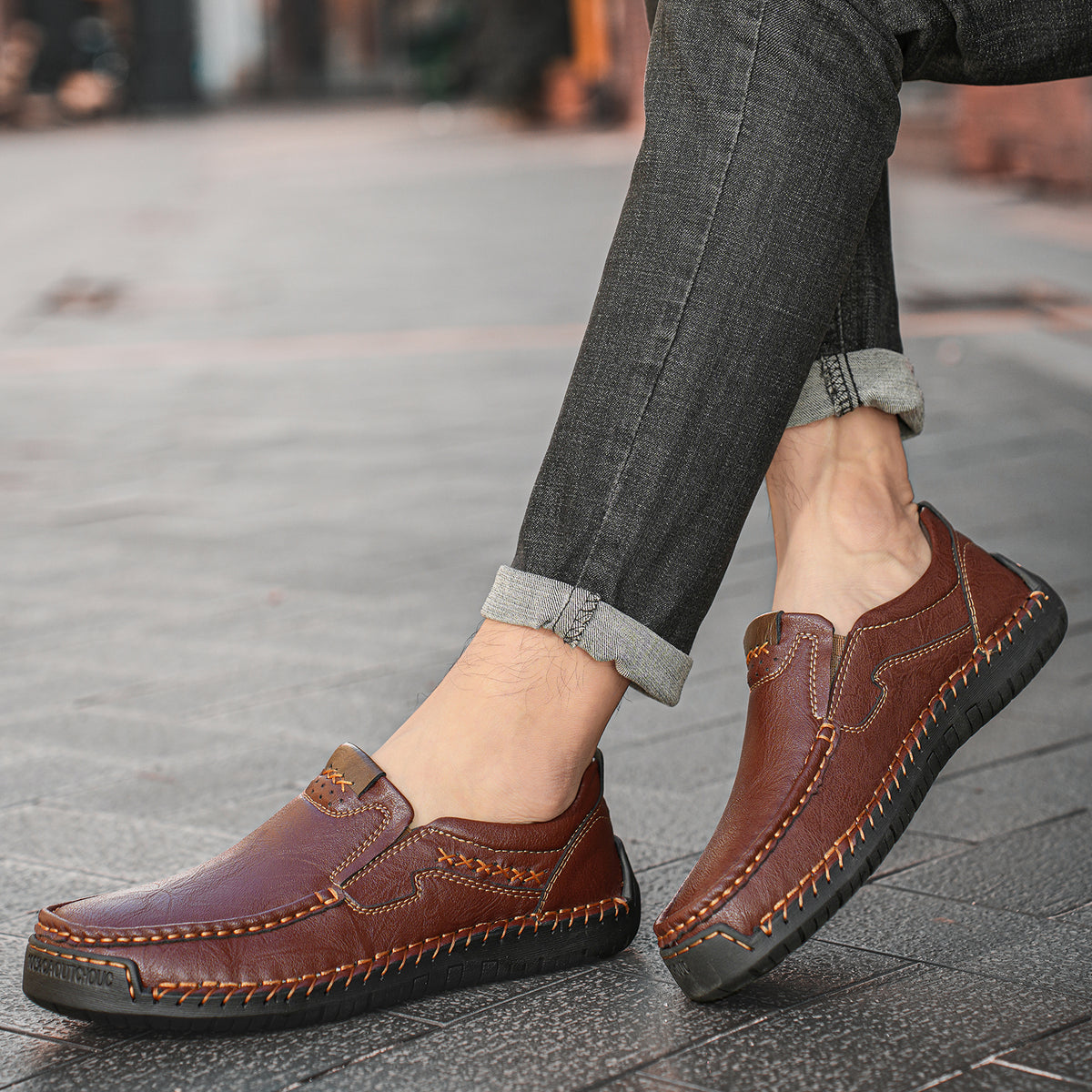 🐂Freizeitschuhe aus Kalbsleder für Herren👞Slip-On-Design, einfach an- und auszuziehen, handgenäht ✅Schmerzlinderung – Fußgewölbeunterstützung, bequemes Gehen