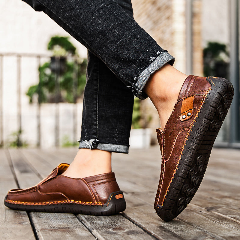 🐂 Men's calf leather casual shoes 👞 Hand-stitched, easy to put on and take off ✅ Arch support, pain relief - comfortable walking